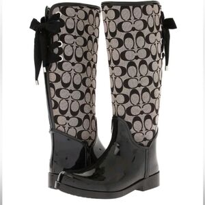 COACH TRISTEE BLACK WHITE LOGO CANVAS LACE UP CORSET RAIN BOOTS 8